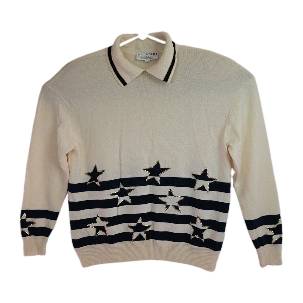 Vintage St John Collection Marie Gray Sweater Womens L Stars Studded 90s